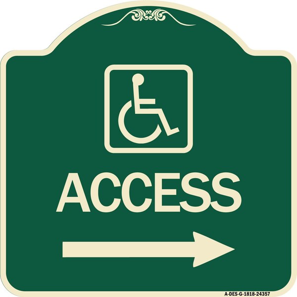 Access W/ Updated Isaand Right Arrow Heavy-Gauge Aluminum Architectural Sign, 18" H, G-1818-24357